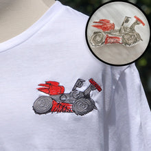 Load image into Gallery viewer, kids drawing of a gray and red awesome motorcycle embroidered onto the left chest of a white crew neck tshirt