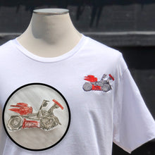 Load image into Gallery viewer, childs drawing of a motorcycle custom embroidered onto a white tshirt