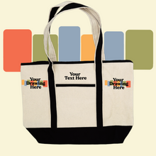 Load image into Gallery viewer, canvas tote bag with "your drawing here" areas for custom embroidery on sides of bag.  Center of bag has "your text here" option