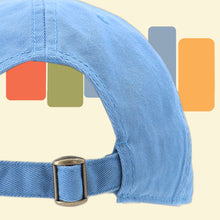 Load image into Gallery viewer, detail close up photo of back of blue baseball hat, showing brass adjustable slider