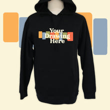 Load image into Gallery viewer, black pullover hoodie with "your drawing here" text on chest