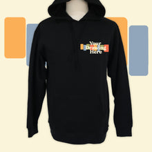 Load image into Gallery viewer, black pullover hoodie with "your drawing here" text on chest