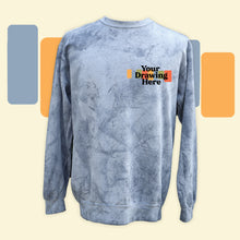 Load image into Gallery viewer, ocean blue  color blasted crew neck long sleeve sweatshirt with "your drawing here" text on chest