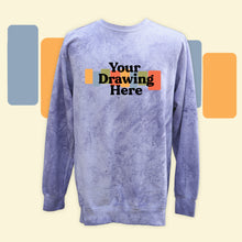 Load image into Gallery viewer, purple amethyst  color blasted crew neck long sleeve sweatshirt with "your drawing here" text on chest