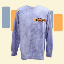 Load image into Gallery viewer, purple amethyst  color blasted crew neck long sleeve sweatshirt with "your drawing here" text on chest