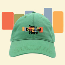 Load image into Gallery viewer, light green baseball hat with "your drawing here" text on front