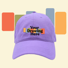 Load image into Gallery viewer, lavender purple baseball hat with "your drawing here" text on front