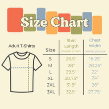 Load image into Gallery viewer, size chart grid for adult tshirts suns and dots