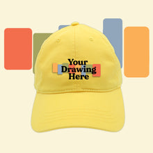 Load image into Gallery viewer, yellow baseball hat with "your drawing here" text on front