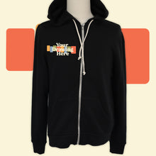 Load image into Gallery viewer, black zip up hoodie with "your drawing here" text on chest