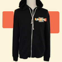 Load image into Gallery viewer, black zip up hoodie with "your drawing here" text on chest