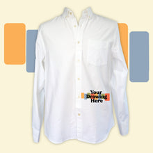 Load image into Gallery viewer, button up shirt with "your drawing here" text on wearer's left hip