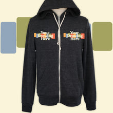 Load image into Gallery viewer, charcoal heather gray zip up hoodie with "your drawing here" text on left and right chest