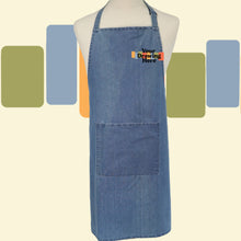 Load image into Gallery viewer, denim blue apron with "your drawing here" text on chest