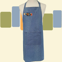 Load image into Gallery viewer, denim blue jean apron with "your drawing here" text on chest