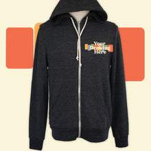 Load image into Gallery viewer, heather dark gray zip up hoodie with "your drawing here" text on chest
