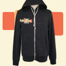 Load image into Gallery viewer, heather dark gray zip up hoodie with "your drawing here" text on chest