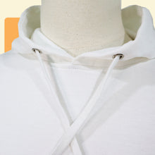 Load image into Gallery viewer, close up photo of neck of white hoodie showing drawstrings and silver metal eyelets
