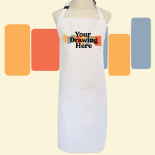 Load image into Gallery viewer, white kids size apron with "your drawing here" text on chest