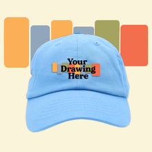 Load image into Gallery viewer, baby blue  kids baseball hat with "your drawing here" text on front