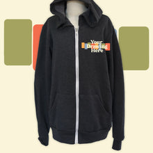 Load image into Gallery viewer, youth dark heather grey zip up hoodie with "your drawing here" text on chest