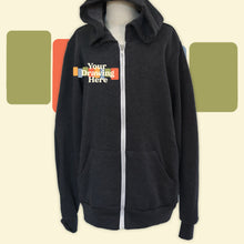 Load image into Gallery viewer, youth dark heather gray zip up hoodie with "your drawing here" text on chest
