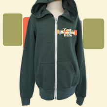 Load image into Gallery viewer, youth green zip up hoodie with "your drawing here" text on chest