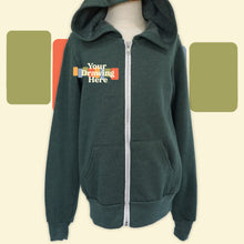 Load image into Gallery viewer, youth green zip up hoodie with "your drawing here" text on chest