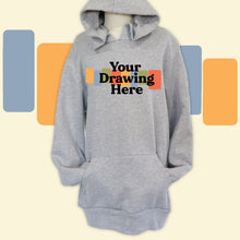 Load image into Gallery viewer, light heather gray youth hoodie with "your drawing here" text on chest