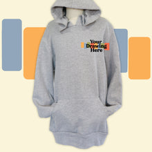 Load image into Gallery viewer, light heather grey youth hoodie with "your drawing here" text on chest