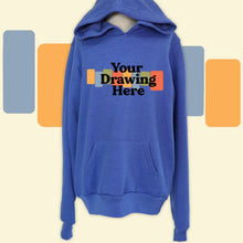 Load image into Gallery viewer, royal blue youth hoodie with "your drawing here" text on chest