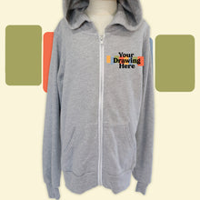 Load image into Gallery viewer, youth light heather gray zip up hoodie with "your drawing here" text on chest