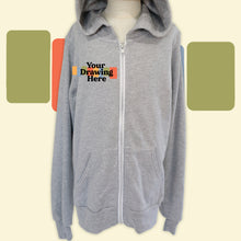 Load image into Gallery viewer, youth light heather grey zip up hoodie with "your drawing here" text on chest
