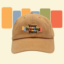 Load image into Gallery viewer, mustard brown kids baseball hat with "your drawing here" text on front