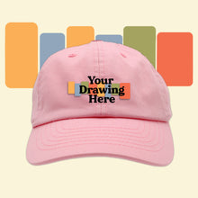 Load image into Gallery viewer, baby pink  kids baseball hat with "your drawing here" text on front