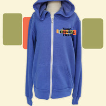 Load image into Gallery viewer, youth royal blue zip up hoodie with "your drawing here" text on chest