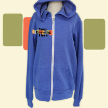 Load image into Gallery viewer, youth royal blue zip up hoodie with "your drawing here" text on chest