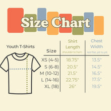 Load image into Gallery viewer, suns and dots kids tshirt size chart