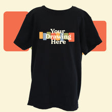 Load image into Gallery viewer, black youth tee with "your drawing here" text on chest