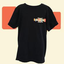 Load image into Gallery viewer, black youth tee with "your drawing here" text on chest