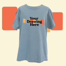 Load image into Gallery viewer, ice blue youth tee with "your drawing here" text on chest