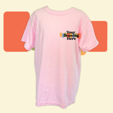 Load image into Gallery viewer, blossom pink youth tee with "your drawing here" text on chest