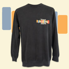 Load image into Gallery viewer, dark grey crew neck sweatshirt with black text on chest "your drawing here"