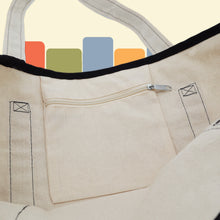 Load image into Gallery viewer, close up photo of interior of canvas tote bag to show small zippered pouch pocket
