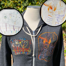 Load image into Gallery viewer, gray zip up hoodie with custom childrens drawings embroidered.  left chest is an orange and purple amoeba and right chest is a yellow and white heart family smiling over a red fence