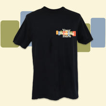 Load image into Gallery viewer, black short sleeve crew neck t-shirt with text on chest that says "your drawing here"