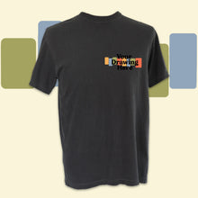 Load image into Gallery viewer, dark grey short sleeve crew neck t-shirt with text on chest that says "your drawing here"