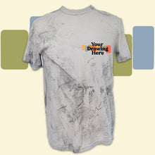 Load image into Gallery viewer, gray color blast dyed short sleeve crew neck t-shirt with text on chest that says "your drawing here"