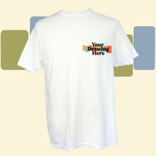 Load image into Gallery viewer, white short sleeve crew neck t-shirt with text on chest that says "your drawing here"