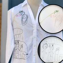Load image into Gallery viewer, white v neck button up blouse with custom embroidery of drawings of stick figures rolling down a hill and a stick figure family
